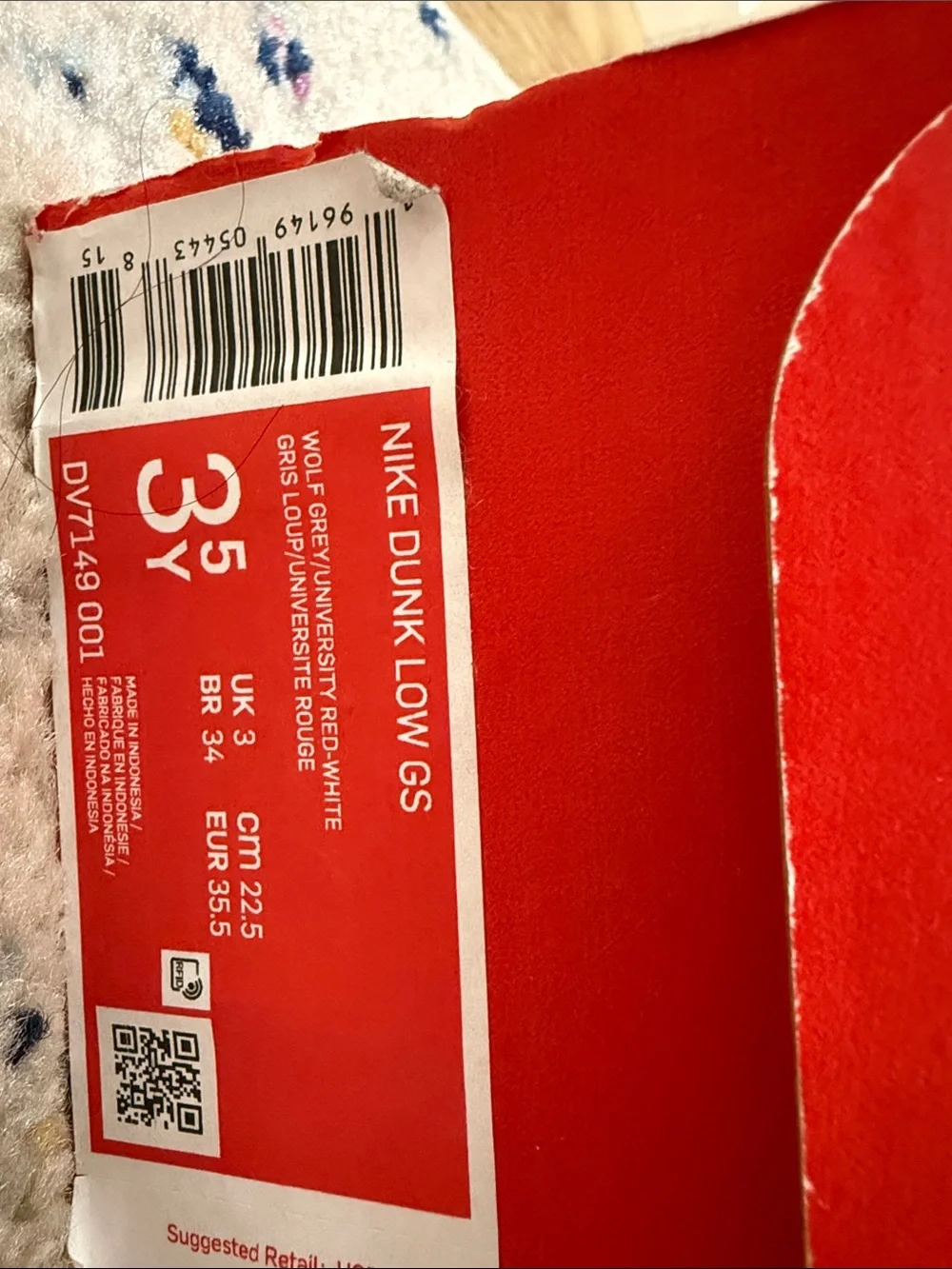 Nike Kids Dunk Low — White and Gray with Red Swoosh